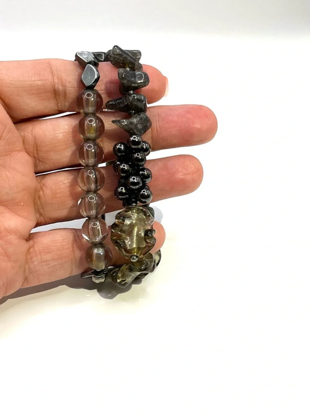 Treska Gray Beaded Silver Stretch Double Bracelet Set Gray Gun Metal Bracelets